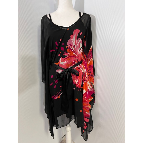 Bisou Bisou Michele Bohbot Black Floral Overlay Dress Caftan Small Resortwear - Picture 1 of 7